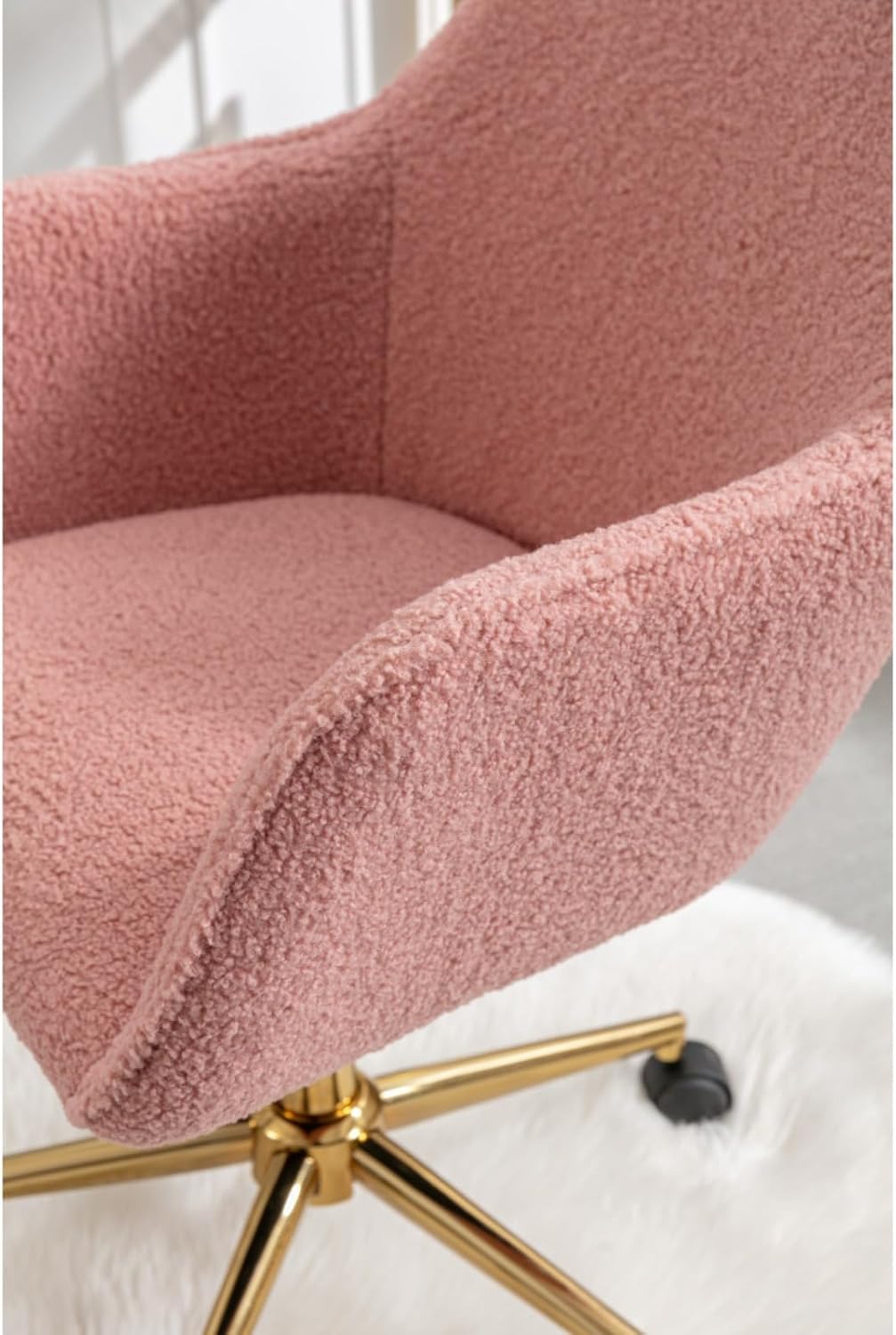 Hassyee Modern Teddy Fabric Material Adjustable Height 360 Revolving Home Office Chair with Gold Metal Legs and Universal Wheel for Indoor (Pink)