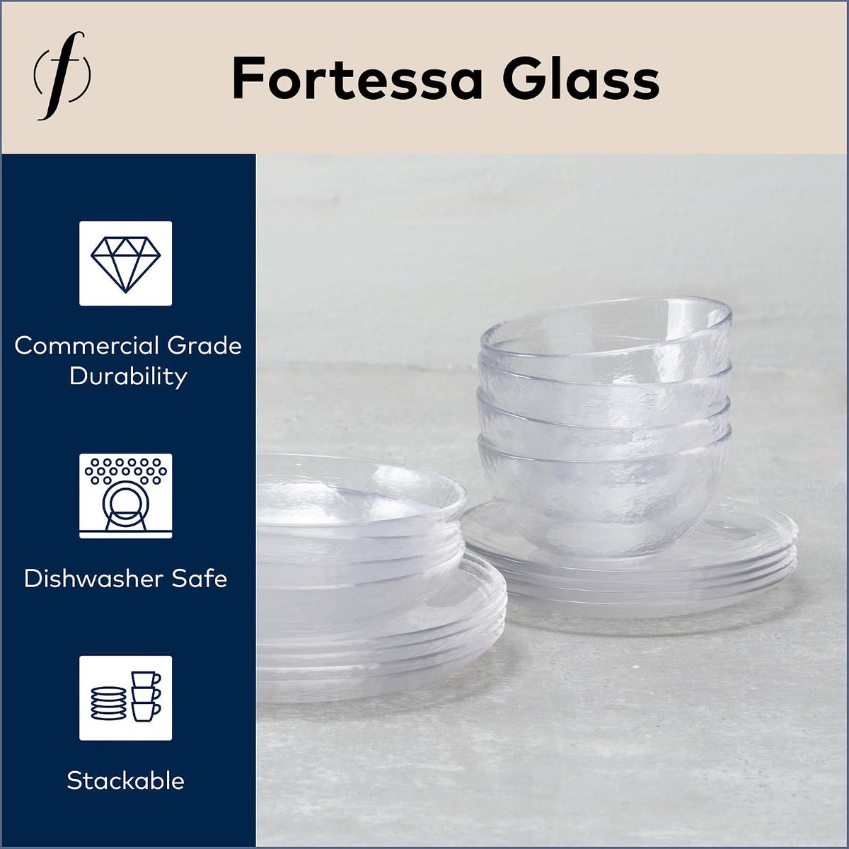 FORTESSA Los Cabos Tableware, 16-Piece Glass Dinnerware Set with 4 Dinner Plates, 4 Salad Plates, 4 Coupe Bowls and 4 Cereal Bowls, Dishwasher-Safe Glass Plate Set, Clear