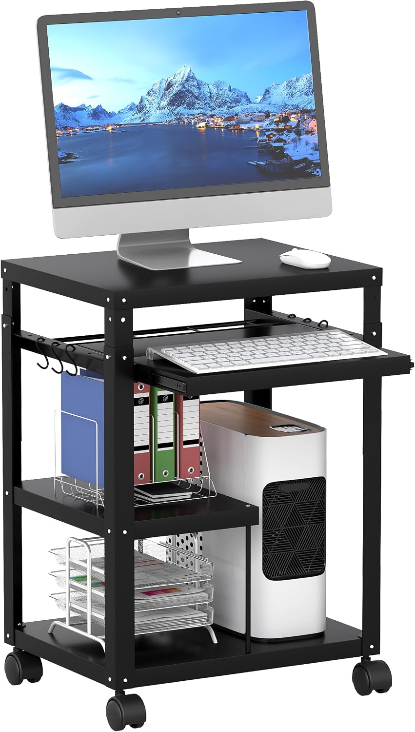 AV Presentation Cart with Keyboard Tray Mobile AV Cart Stand Metal Media Cart with Wheels for Projector Height Adjustable Computer Workstation Presentation Cart for School Classroom Office