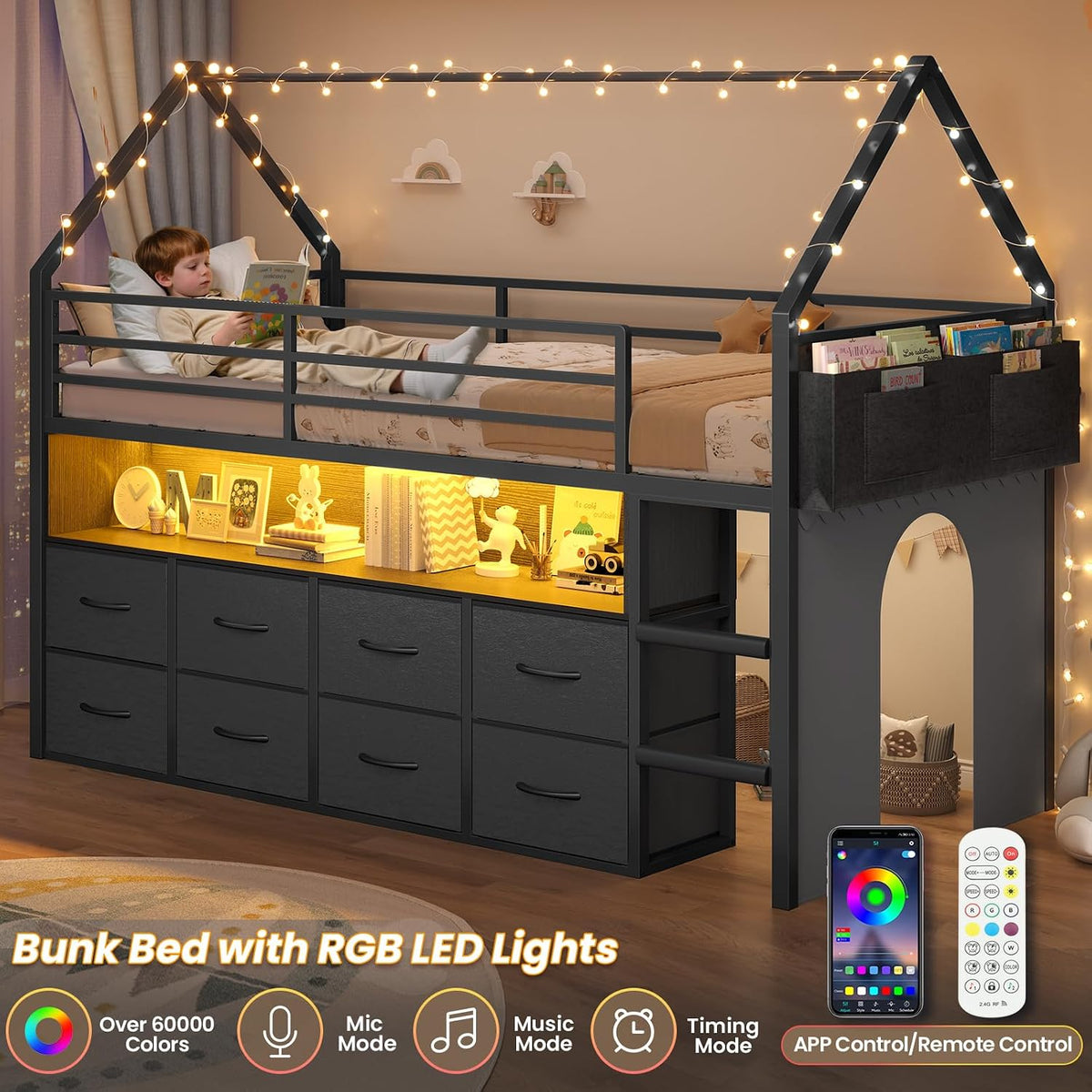 BTHFST Twin Size Loft Bed for Kids, 8 Storage Drawers & LED Lights, House Shaped Metal Bed with Bookcase, Soft Foam Ladder, 13.4' Safety Guardrail, Space Saving, Fun Curtain