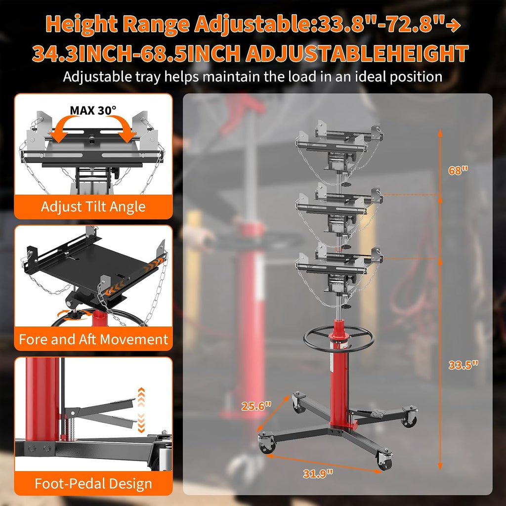 1320lbs Capacity Transmission Jack High Lift, Hydraulic Jack for Car 2-Stage Telescopic, 34.3'-68.5' Adjustable Height, Foot Pedal & 360° Swivel Wheels with Gloves