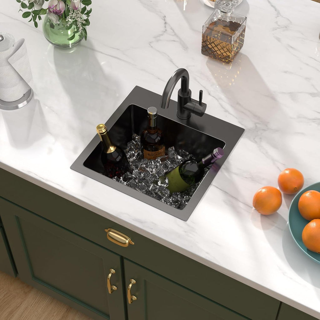 15x15 Inch Black Drop In Bar Sink with Faucet, 16 Gauge T-304 Stainless Steel Single Bowl Wet Prep Sink for Kitchen Bar, RV, Outdoor, and Boat, Gunmetal Black #TLT-0017