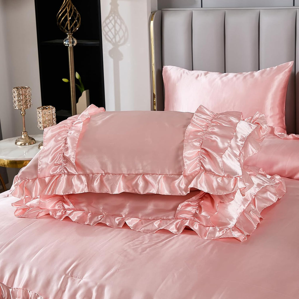 MOVE OVER Satin Comforter King Size 8 Pieces Pink Silky Satin Comforter Set with Sheet Set Luxurious Pink Ruffled Bedding Comforter Set Super Silky Soft Silk Like Satin Bed Set for All Season