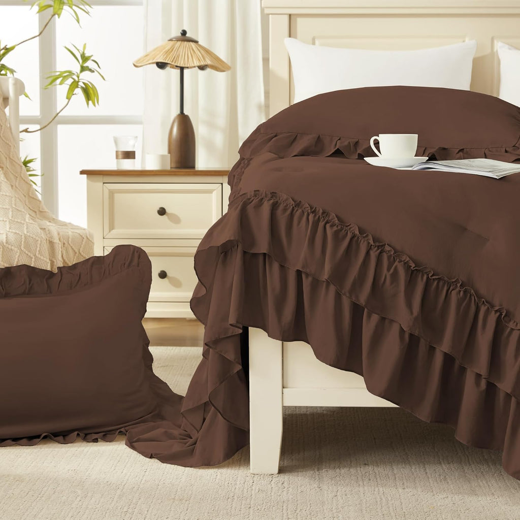 Andency Brown Super King Plus Comforter Set (128x120Inch), 3 Pieces Ruffle Comforter Set with 2 Pillowcases, Farmhouse Shabby Chic Lightweight Fluffy Soft Polyester All Season Bed Set
