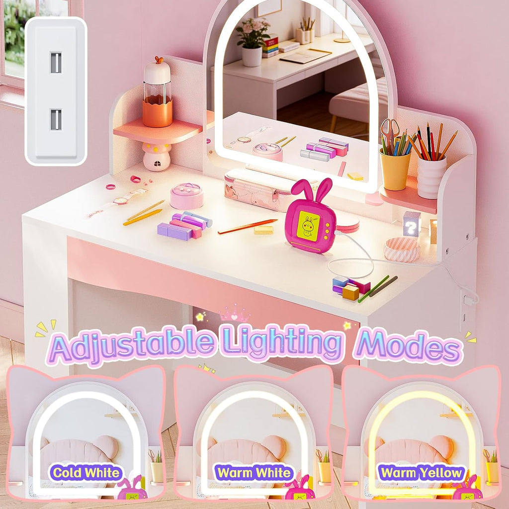 Teckid Kids Vanity Table and Chair Set with Lights, Toddler Vanity Desk for Girls, Princess Makeup Vanity for Kids with Storage Shelves, Open Bookshelf and Stools, White
