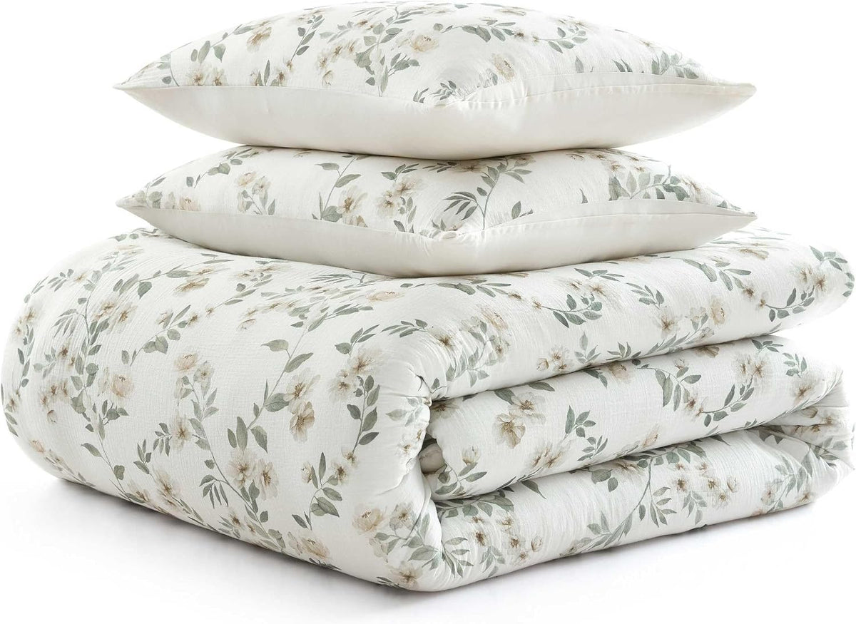 Martha Stewart - Twin Comforter Set, Soft Cotton with Crisp & Tailored Naturally Smooth Cotton Percale Reverse, 2 Piece Bed Set with Matching Pillowcase (Hazel Floral Beige)