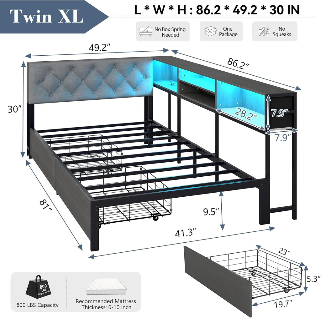 Doltoro Corner Bed Frame Twin XL with Storage Bookcase and Headboard, Platform Corner Bed with LED Lights and Charging Station, Twin XL Daybed with Storage Drawers for Kids Teens Guests, Dark Gray