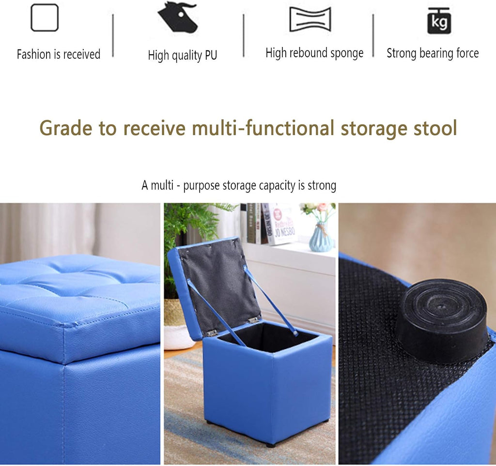 Square Storage Upholstered Footstool Pu Leather Makeup Dressing Stool for Bedroom Shoe Bench Vanity Piano Seat and Functional Sofa Stool-Blue-40cm