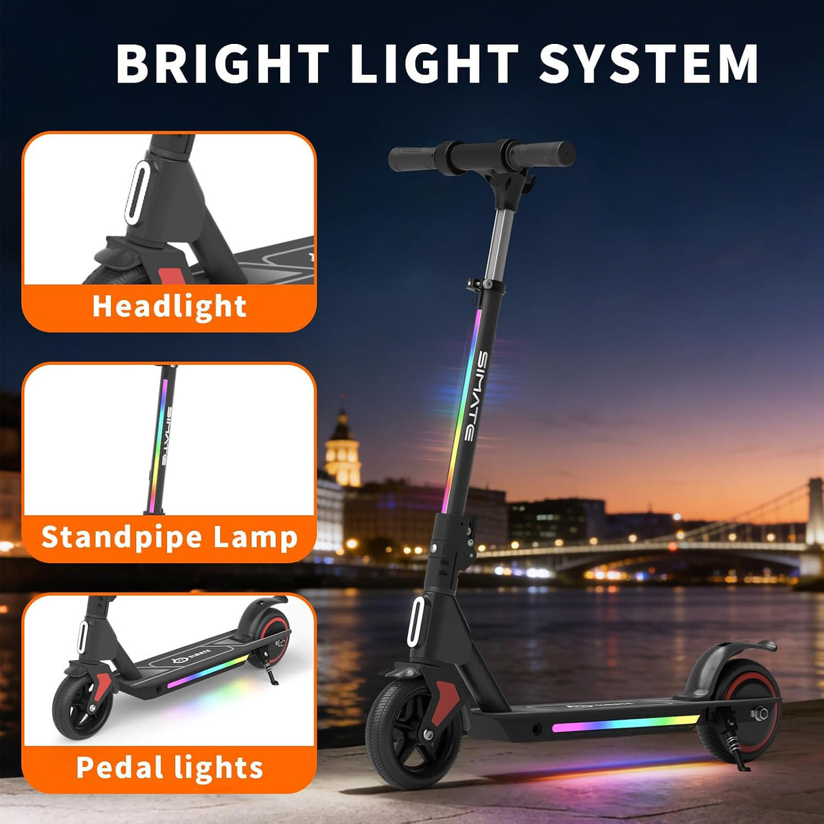 SIMATE Electric Scooter for Kids Ages 6-14, 3 Adjustable Heights 34'/37'/39', LED Display & Colorful Lights, Foldable Kids Electric Scooter, 8.7 MPH Safe Speed, Gifts for Boys Girls