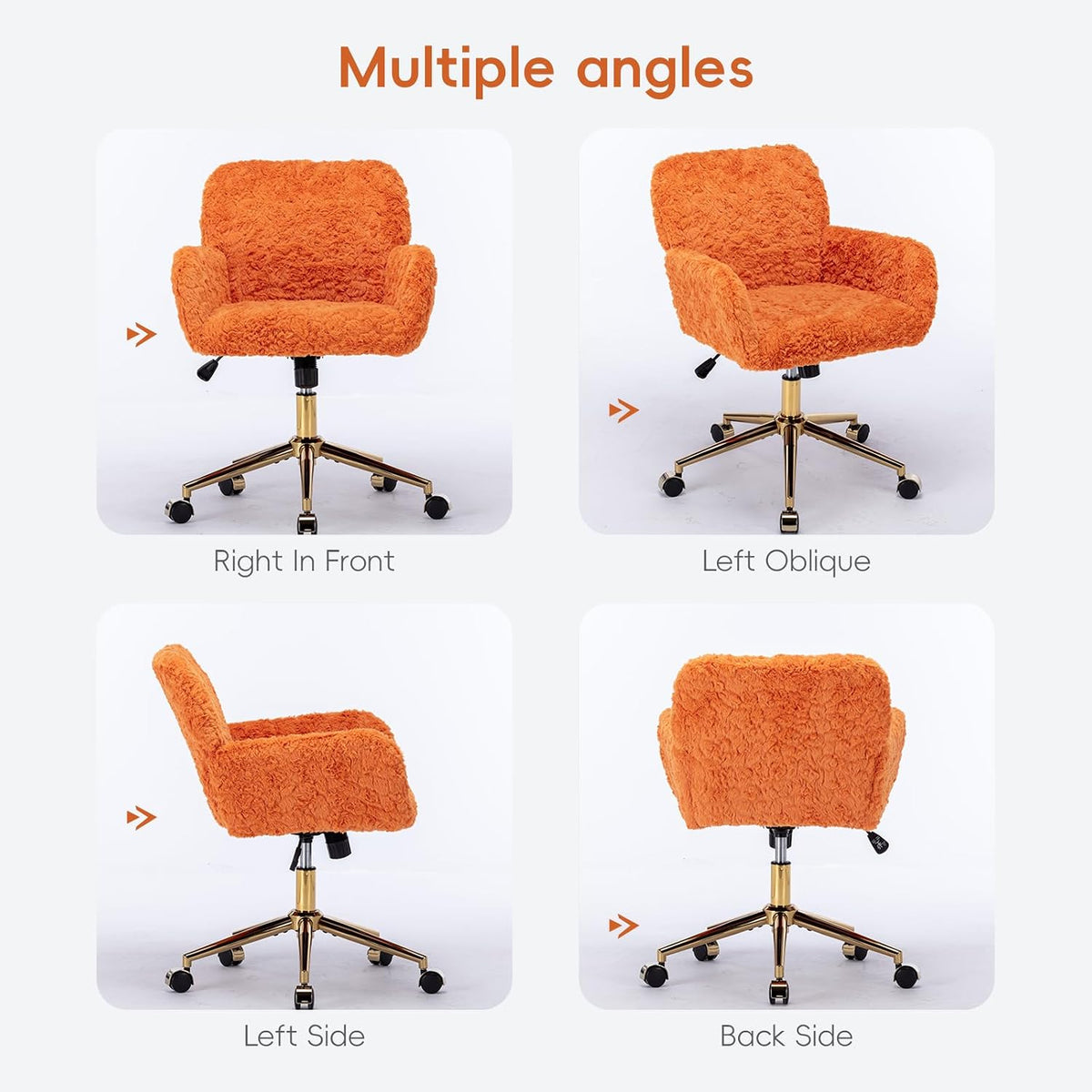 Plush Faux Fur Desk & Vanity Chair with Gold Base – Comfy Adjustable Girls Desk Chair, Makeup Chair, 360° Swivel, Tilt Backrest, Rolling Wheels – Modern Chic Home Office Seating,Orange