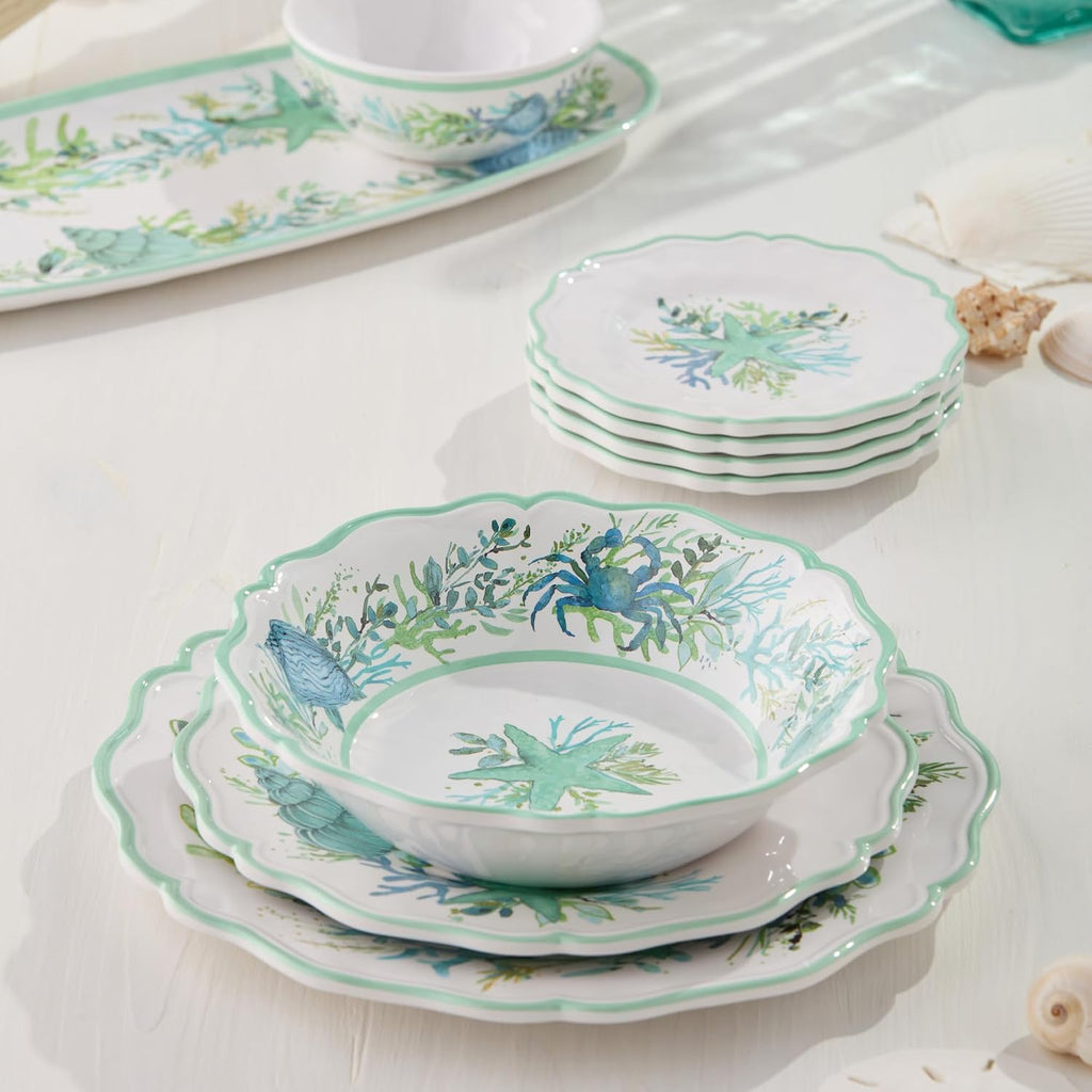 Sea Glass 12 Pc. MELAMINE DINNERWARE SET, SERVICEfor 4, coastal mix‑and‑match plates and bowls with ocean motifs, ideal for indoor outdoor dining, beach homes, patios, poolside meals