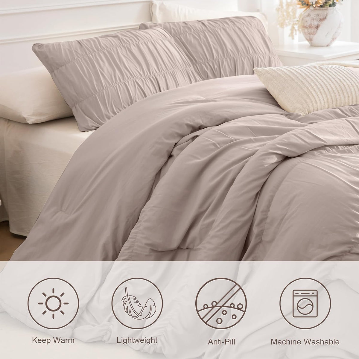 Masaca Oversized King Comforter(120'x98'),Taupe Ruched Ruffle California King Comforter Set,3 Pieces Lightweight Extra Large Farmhouse Shabby Boho Chic French Country Bedding Set