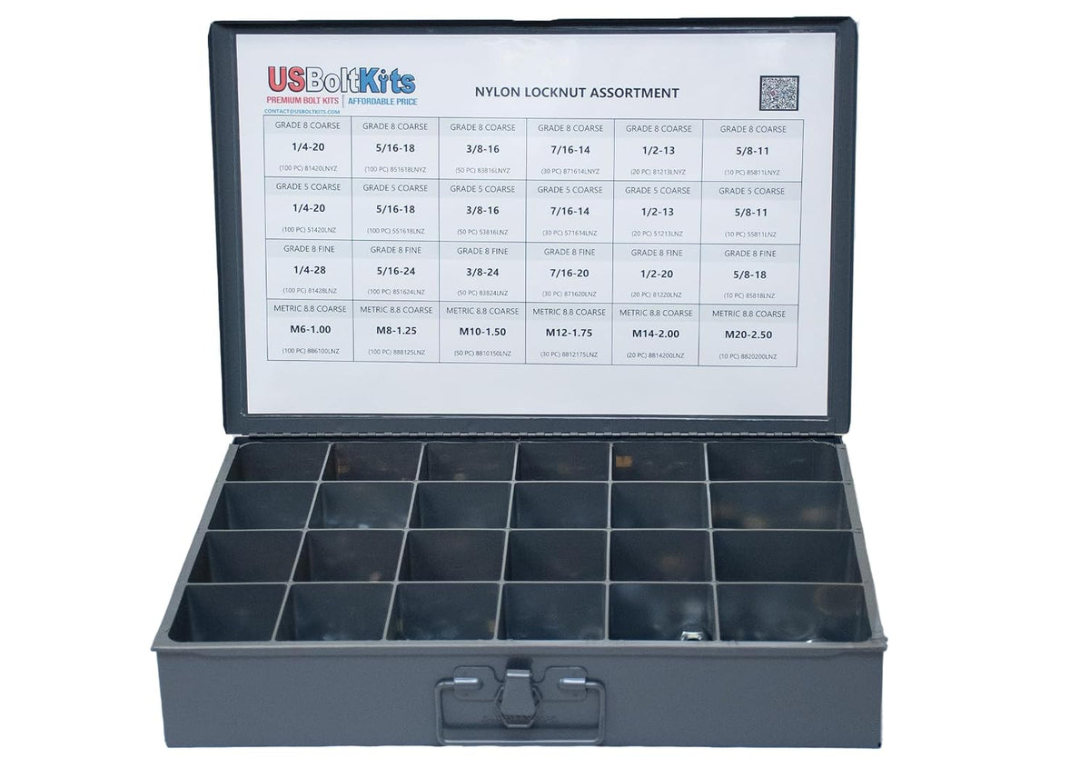 1200pcs Nylon Locknut Assortment USS, SAE, and Metric | Coarse and Fine Thread Grade 8, 5, and 8.8 (See Description for Quantities)