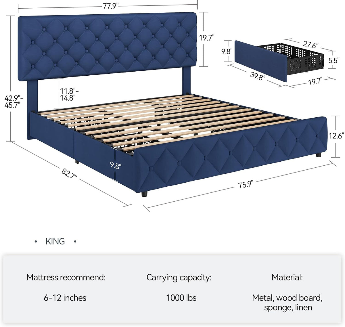 GarveeHome King Size Bed Frame with 4 Storage Drawers and Adjustable Headboard, Linen Upholstered Platform Beds, Diamond Stitched Button Tufted, No Box Spring Needed, Blue
