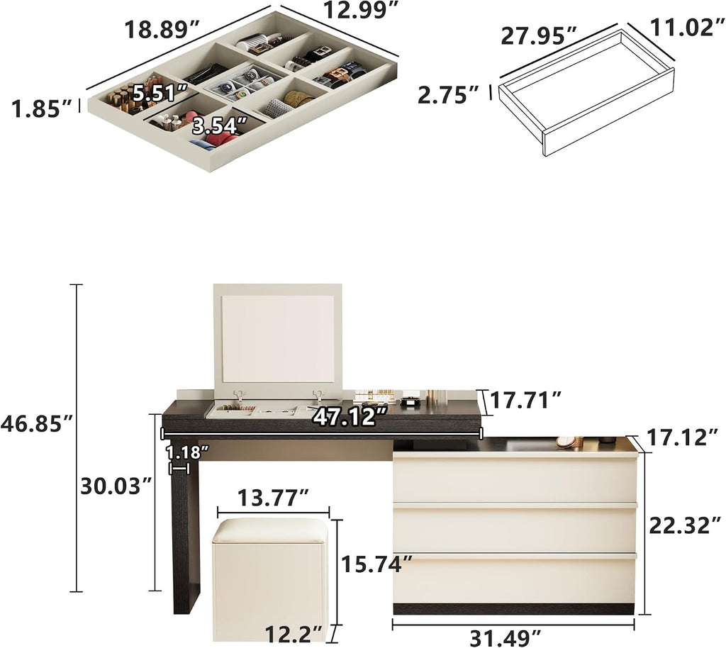 gaoyaangjiaju Mid Century Modern Makeup Vanity Desk, 47'-70' Extendable Makeup Desk with Mirror, Jewelry Organizer, Three Drawers and Matching Stool,Black & Beige