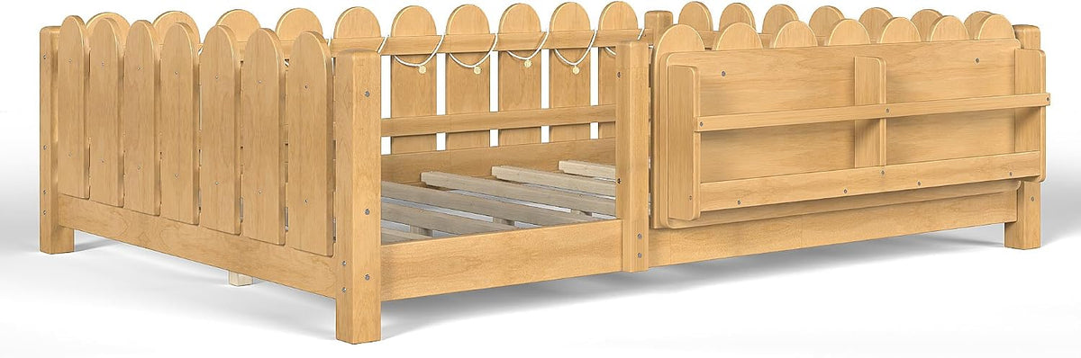 Bellemave Full Size Floor Bed with Rails and Slats, Full Size Montessori Floor Bed with Bookshelf, Fence and Lights, Low Profile Montessori Beds Frame for Girls, Boys, Light Natural