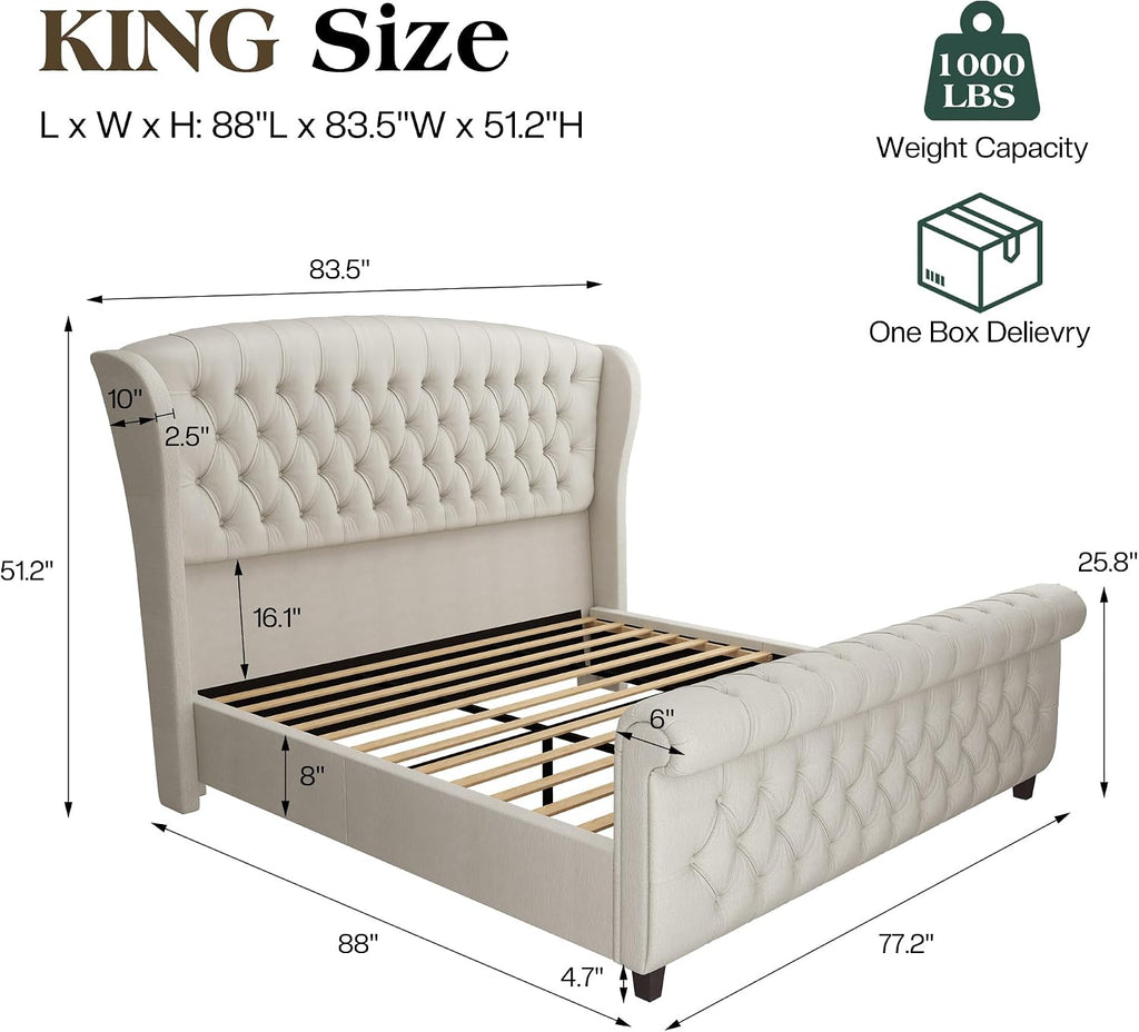 LUXOAK King Size Platform Bed Frame, Chenille Upholstered Sleigh Bed with Curved Headboard & Footboard, Deep Button Tufted, Wood Slats Support, No Box Spring Needed, Cream