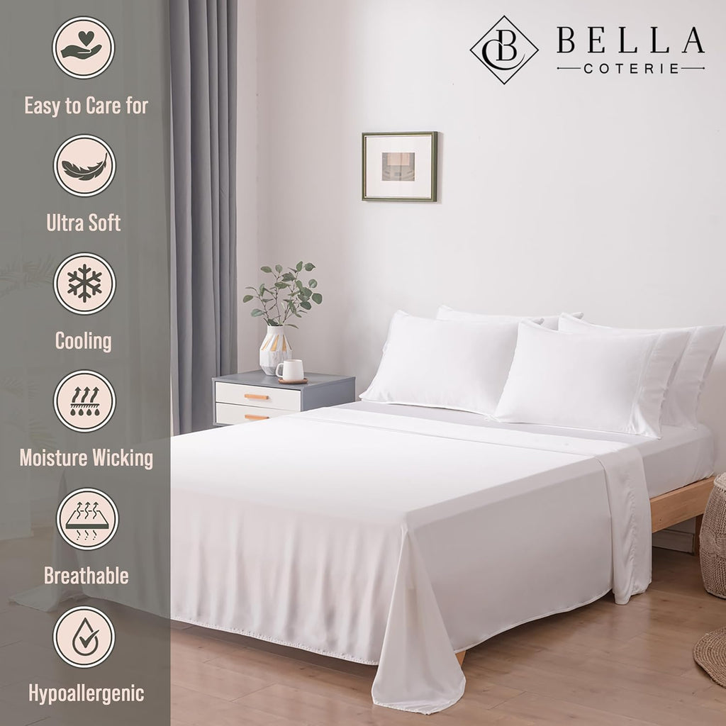 Bella Coterie 6 Piece Luxury Bamboo Viscose California King Size Sheet Set | 100% Organically Grown | Cooling for Hot Sleepers | 18' Deep Pocket | Soft & Hypoallergenic | 4 Pillowcases [White]