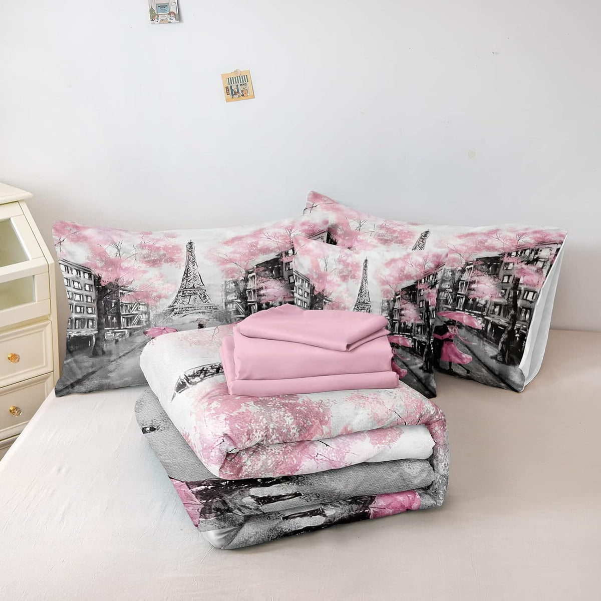 Merryword Eiffel Tower Comforter Set California King Size Bed in a Bag Sweet Couple Lovers Pink Paris Design Bedding with 1 Comforter, 4 Pillowcases, 1 Flat Sheet, 1 Fitted Sheet, 1 Cushion Cover