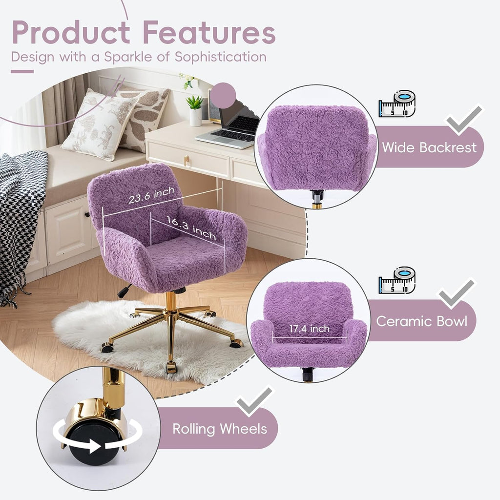 Plush Faux Fur Desk & Vanity Chair with Gold Base – Comfy Adjustable Girls Desk Chair, Makeup Chair, 360° Swivel, Tilt Backrest, Rolling Wheels – Modern Chic Home Office Seating,Violet