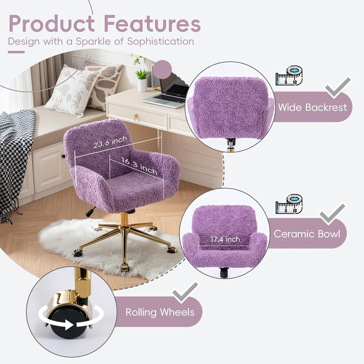 Plush Faux Fur Desk & Vanity Chair with Gold Base – Comfy Adjustable Girls Desk Chair, Makeup Chair, 360° Swivel, Tilt Backrest, Rolling Wheels – Modern Chic Home Office Seating,Violet