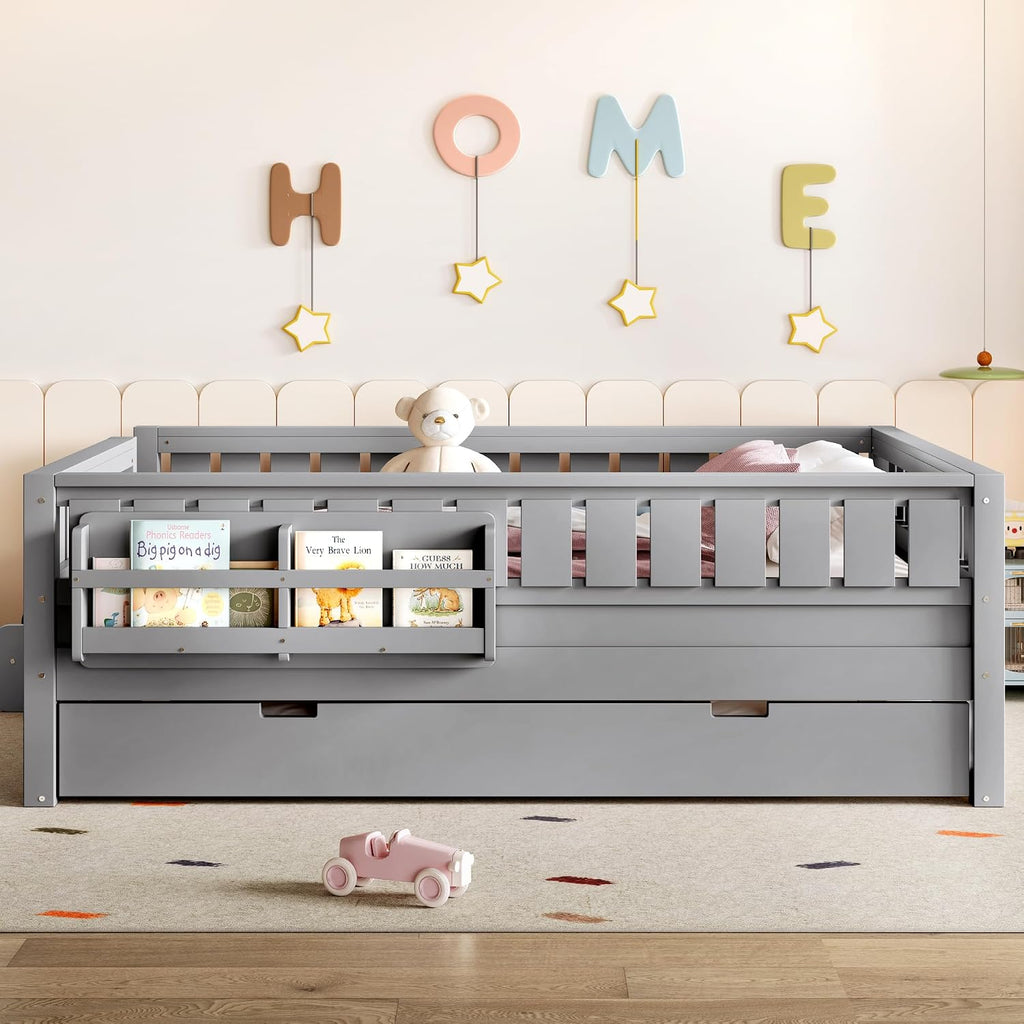 Bellemave Full Bed with Trundle and Stairs, Full Size Platform Bed Frame with Fence and Bookshelf, Easy Assemble Beds for Kids, Girls, Boys, Gray