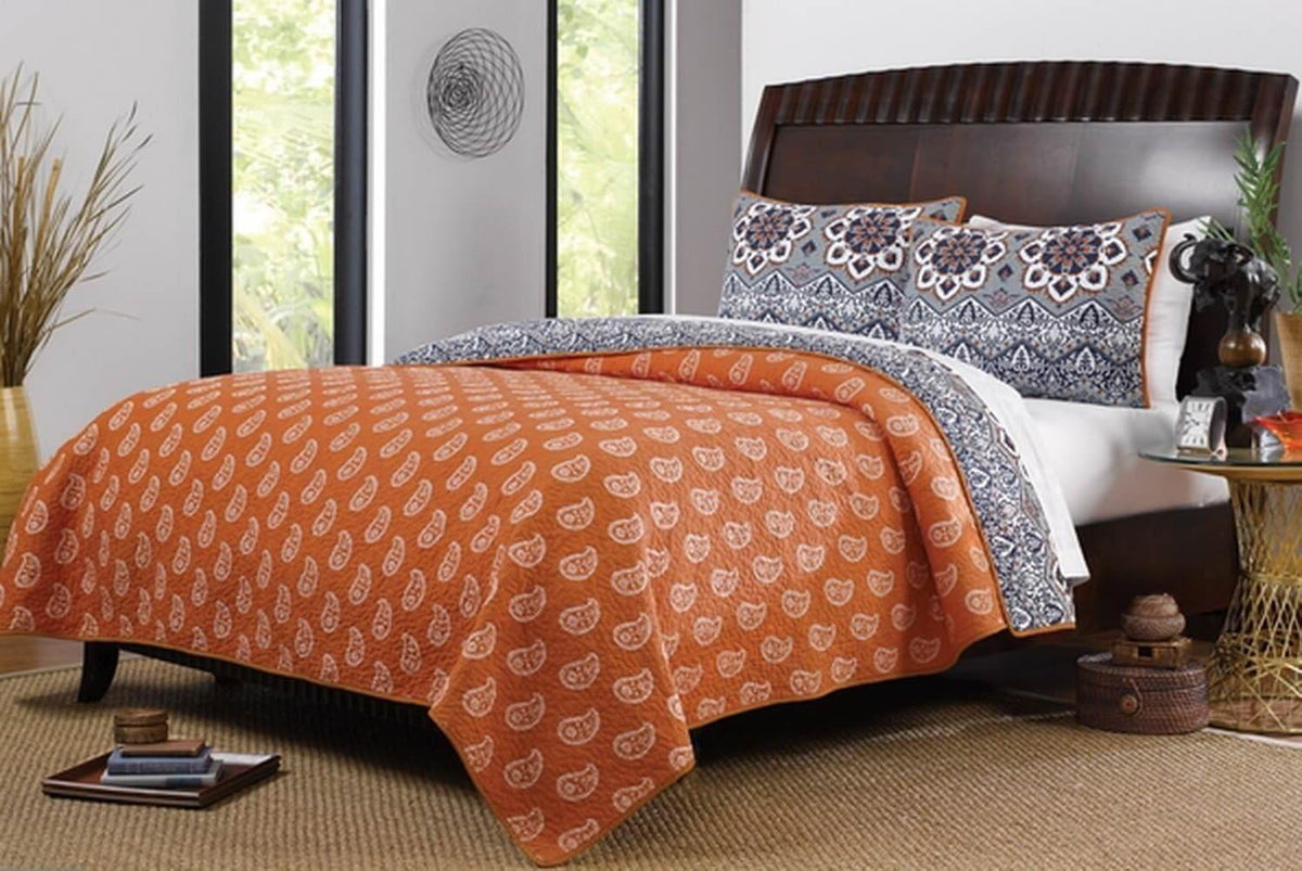 Boho Chic Moroccan Paisley Pattern Grey Orange Cotton 3 Piece Full/Queen Size Quilt Bedding Set