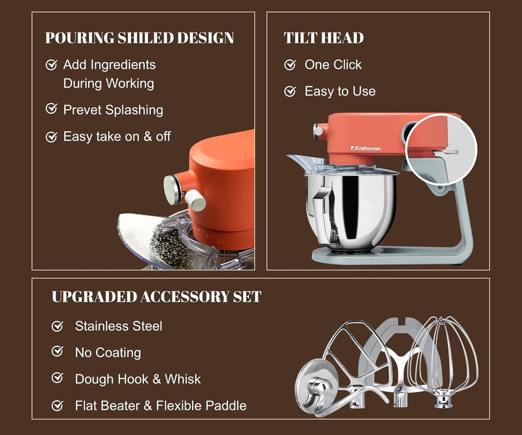 All-Metal Stand Mixer 5.3-Quart - Professional Kitchen Electric Food Mixer with Stainless Steel Mixing Bowl & Attachments for Baking, Dough & Cake, 8-Speed Control & Timer (Orange)