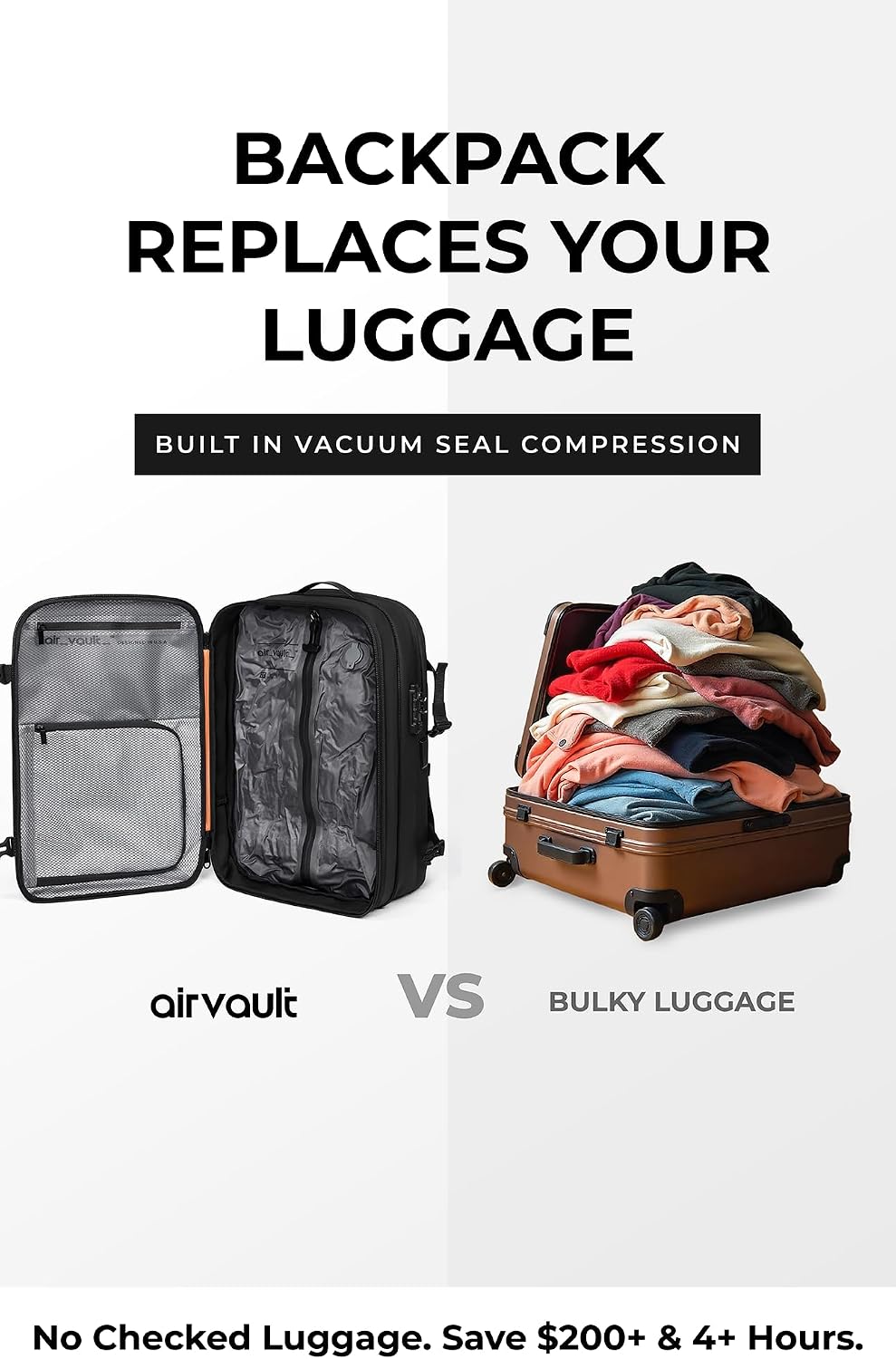 AirVault Vacuum Seal Travel Backpack 60L with Expandable HyperSeal Air Compression Vacuum System Water Resistant TSA Lock (Vacuum Pump Included, Gray, 60L)