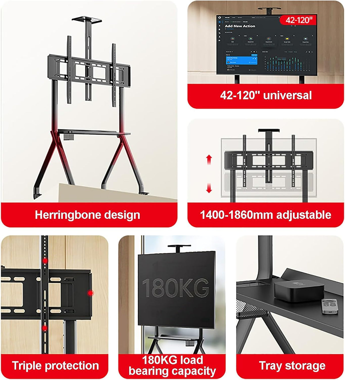 Mobile TV Cart, TV Floor Stand with Universal Wheel, Height Adjustable Heavy-Duty Floor Stand Base, TV Frame Floor Stand, TV Mount Bracket, Fits 55-120inch Screen Display