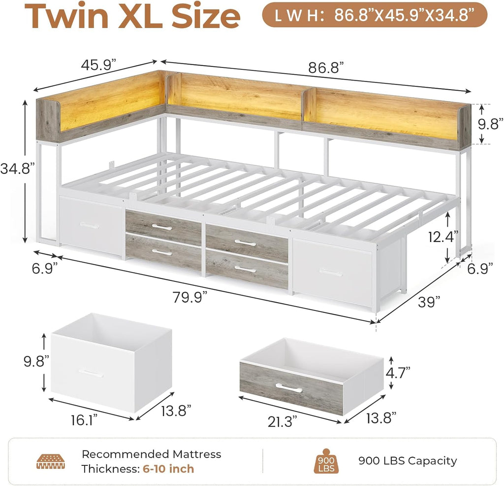 VIAGDO Corner Bed Frame with Storage Bookcase and 6 Drawers, Twin XL Metal Platform Corner Bed Frame with LED Lights and Charging Station, Twin XL Daybed for Kids Teenagers, White & Grey
