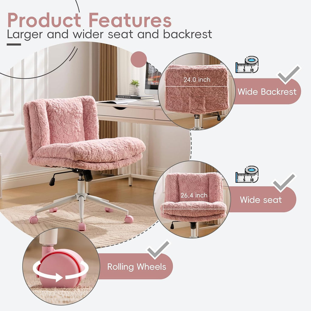 Upgraded Plush Faux Fur Criss Cross Office Vanity & Desk Chair with White Metal Base – Extra-Wide Seat & Tilt Backrest, Adjustable Swivel Makeup Chair for Bedroom, Study & Home Office, Pale Pink
