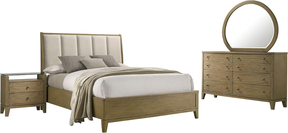 Coaster Home Furnishings Granada Transitional 4-Piece Bedroom Set Fabric Upholstered California King Size Panel Bed Frame 53-inch Headboard Natural Pine 224921KW-S4