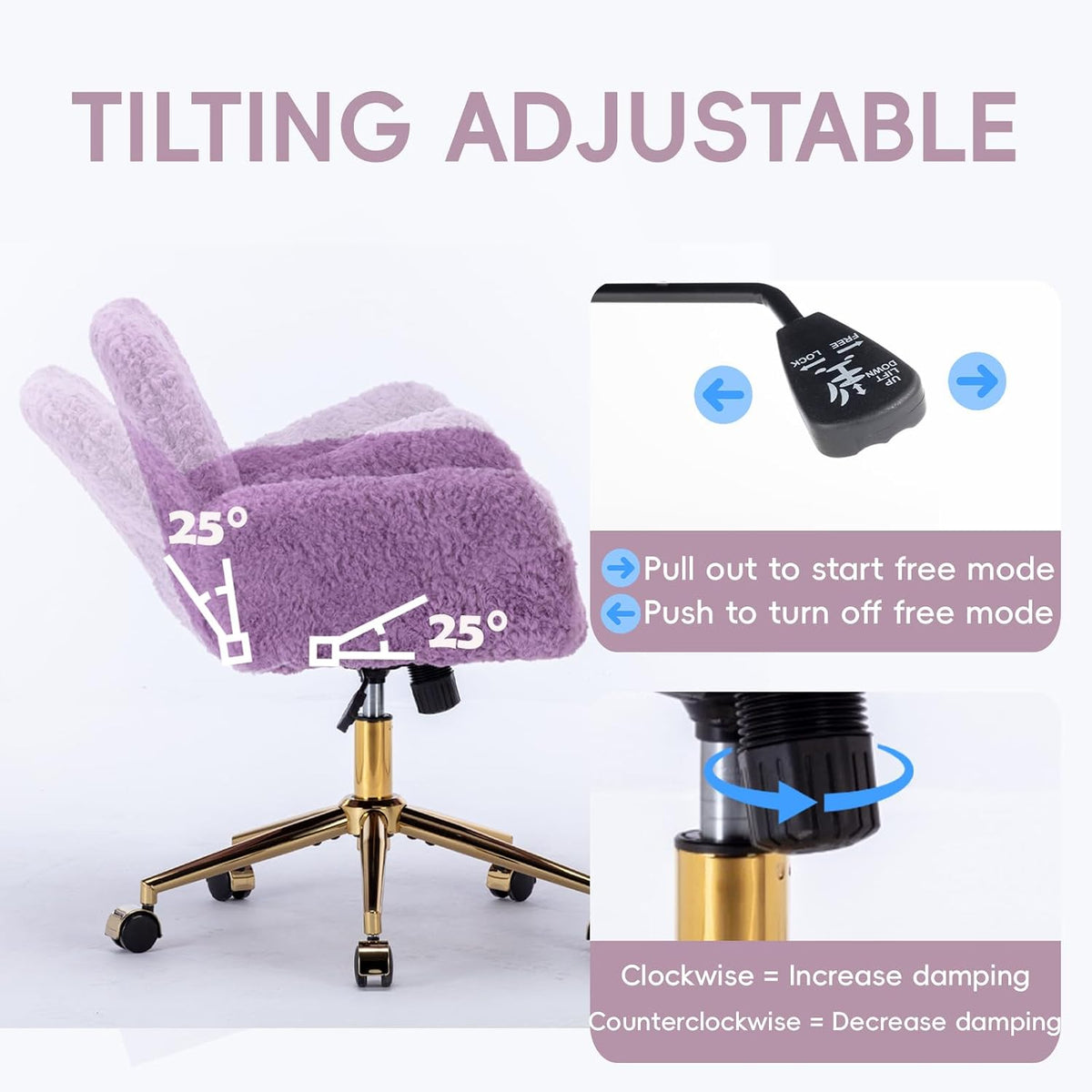 Plush Faux Fur Desk & Vanity Chair with Gold Base – Comfy Adjustable Girls Desk Chair, Makeup Chair, 360° Swivel, Tilt Backrest, Rolling Wheels – Modern Chic Home Office Seating,Violet
