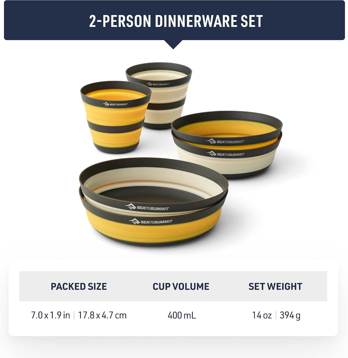 Sea to Summit Frontier Ultralight Collapsible Dinnerware Set, 2-Person (2 Medium Bowls, 2 Large Bowls, 2 Cups)