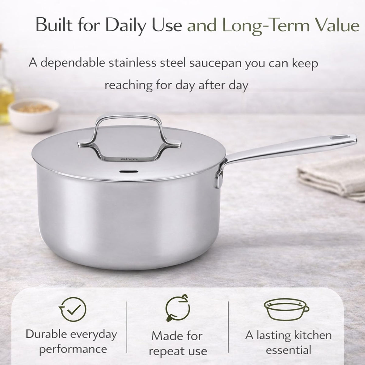 Alva Maestro 1.7 Qt Stainless Steel Saucepan with Lid, Durable Everyday Sauce Pot for Sauces, Grains, Oatmeal & Small-Batch Cooking, Induction Compatible, Oven Safe, Lazered Measurement Marks