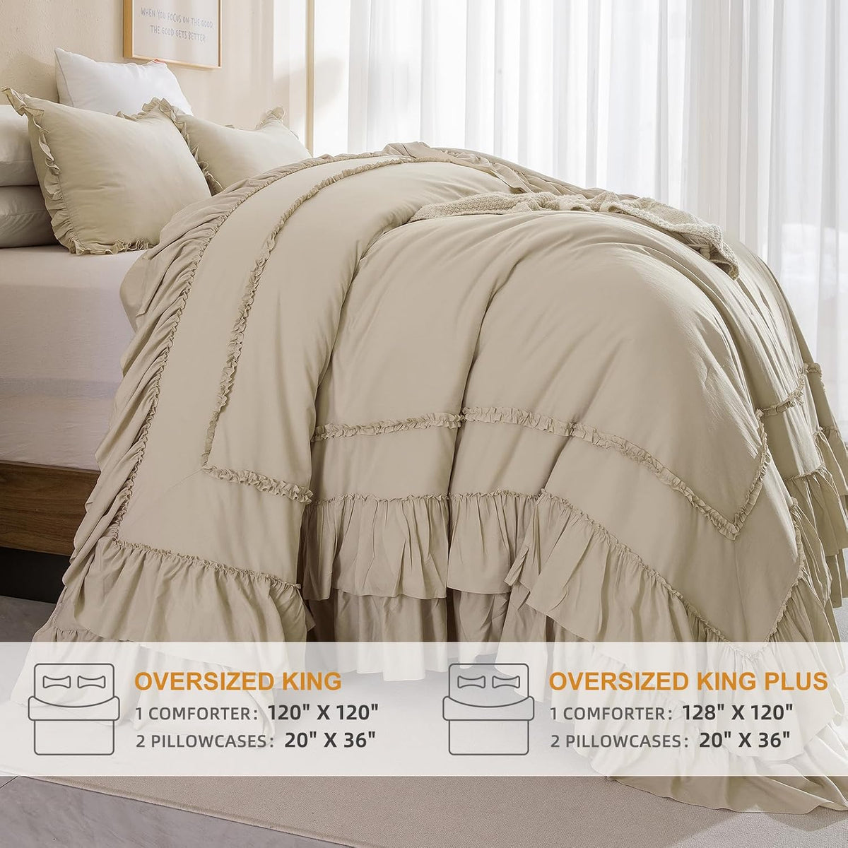 Masaca Oversized King Comforter 128x120,Farmhouse Shabby Boho Chic Ruffled Bedding Comforter Set,3pcs Extra Large King Size Wheat Ruffle Comforter Sets French Country Bedding Set Ultra Soft