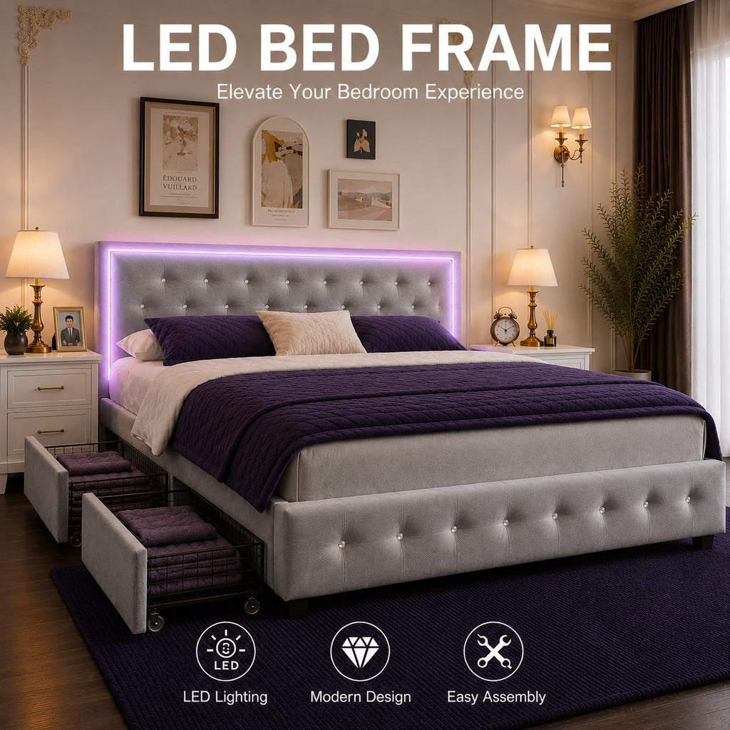 King LED Bed Frame with 4 Storage Drawers Adjustable Headboard with Smart Control RGBW LED, Whisper-Quiet Design, Upholstered Bed Wood Slats Support, No Box Spring Needed, Velvet Grey