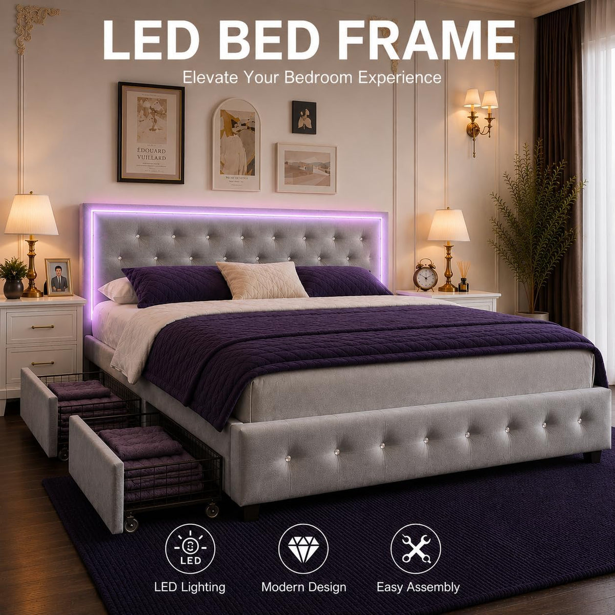 King LED Bed Frame with 4 Storage Drawers Adjustable Headboard with Smart Control RGBW LED, Whisper-Quiet Design, Upholstered Bed Wood Slats Support, No Box Spring Needed, Velvet Grey