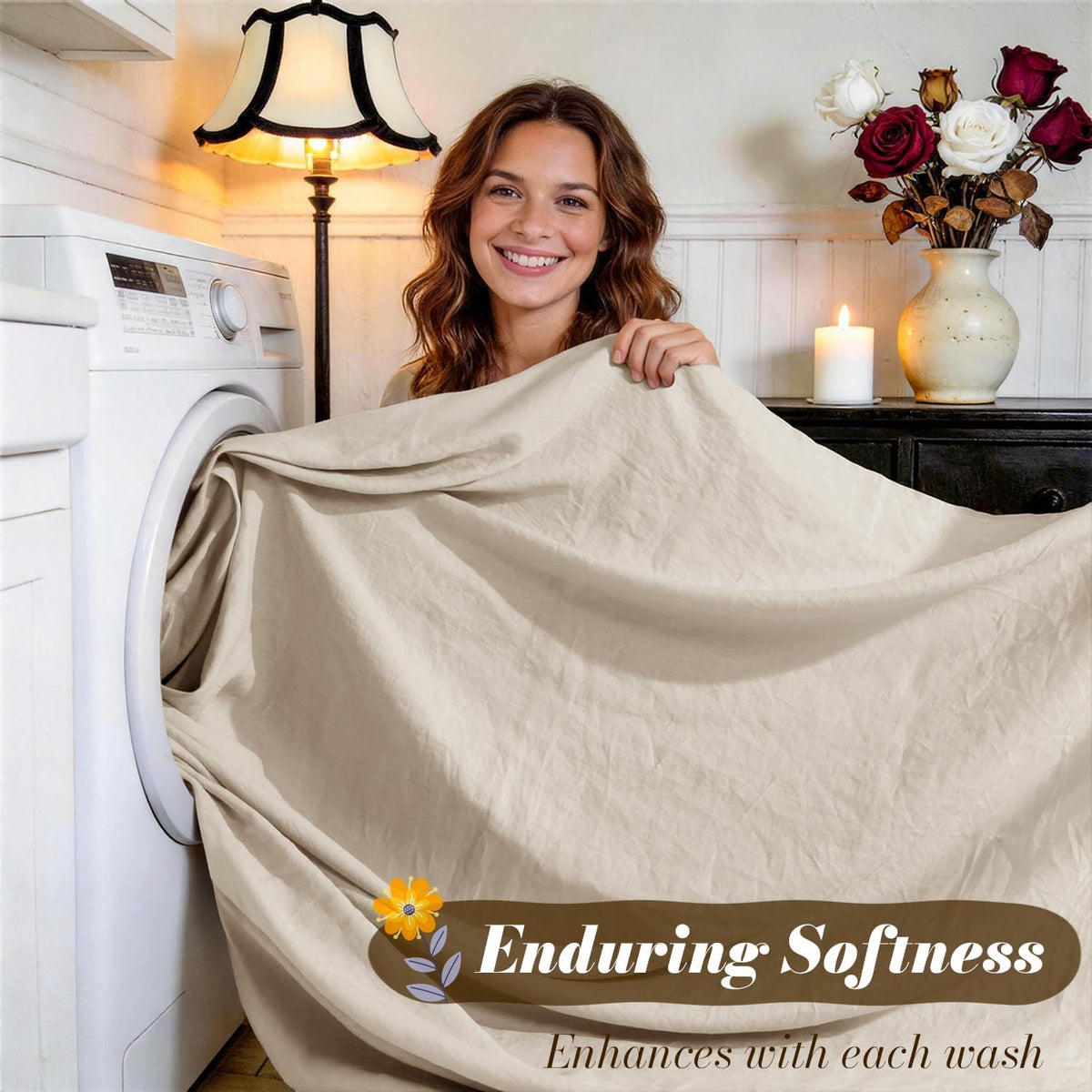 SONORO KATE 100% French Pure Linen Sheets, Breathable and Durable Linen Full Size Sheets, Anti-Tear Linen Bed Sheets, Machine Washable, 16 Inch Deep Pocket - 4 Piece (Natural Linen, Full)