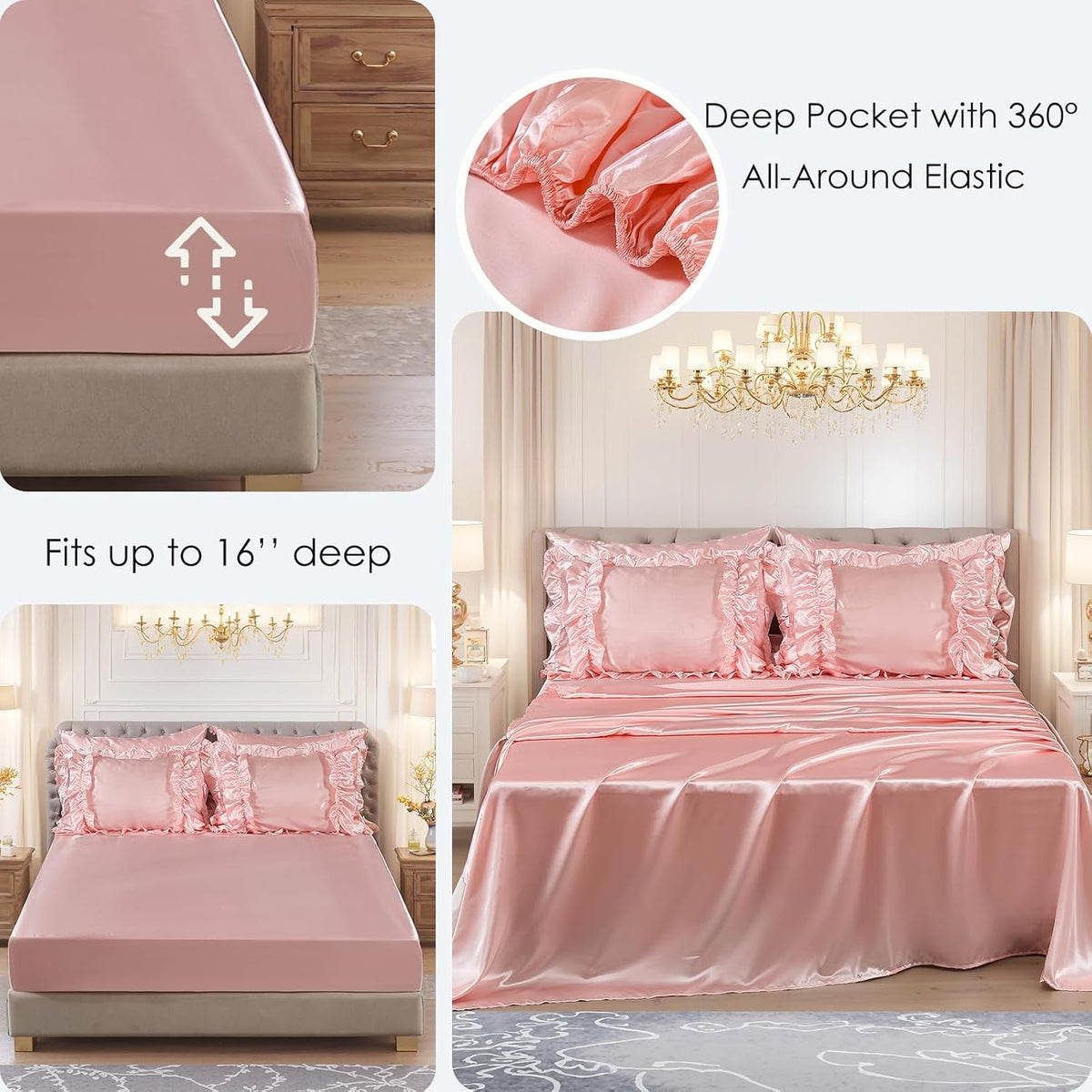 MOVE OVER Satin Comforter King Size 8 Pieces Pink Silky Satin Comforter Set with Sheet Set Luxurious Pink Ruffled Bedding Comforter Set Super Silky Soft Silk Like Satin Bed Set for All Season