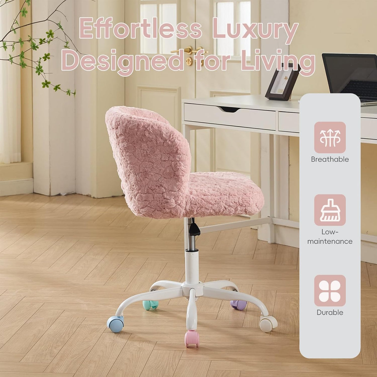 Faux Fur Vanity Desk Chair with White Metal Base – Adjustable Swivel Rolling Office Chair with Wheels, Comfy Makeup Chair for Bedroom, Study, Girls' Room, Home Office & Task Use, Baby Pink