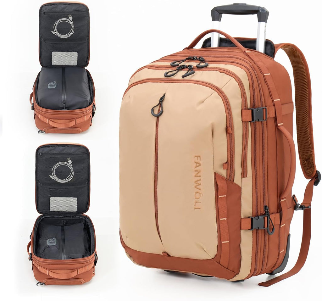 Fanwoli Rolling Vacuum Backpack Travel with Wheels, One-Button Compression, 60L Expandable Carry-On Suitcase Luggage, 18'' Laptop Compartment for Outdoor/Family/Business Trips