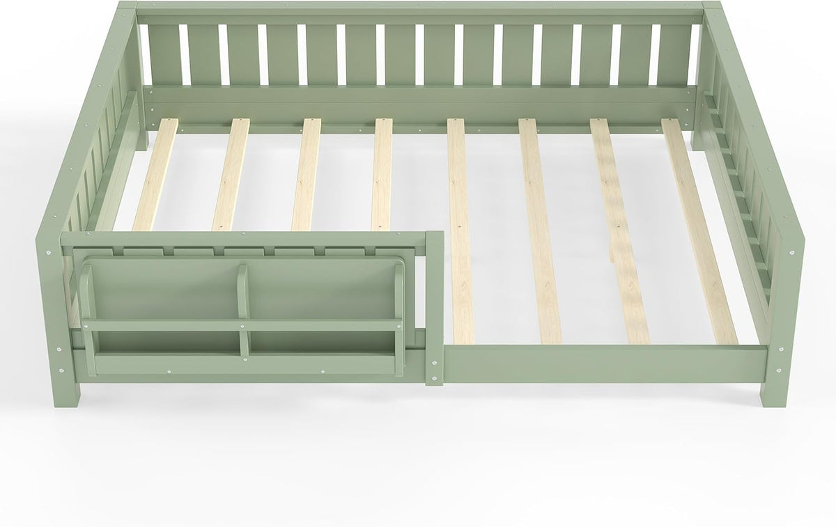 Bellemave Full Floor Bed with Slats and Rails, Full Size Montessori Floor Bed with Bookcase and Fence, Easy Assemble Montessori Beds for Girls, Boys, Avocado Green