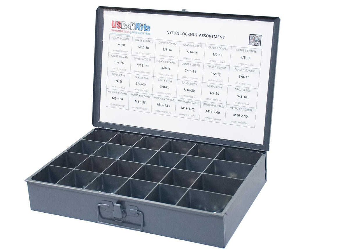 1200pcs Nylon Locknut Assortment USS, SAE, and Metric | Coarse and Fine Thread Grade 8, 5, and 8.8 (See Description for Quantities)
