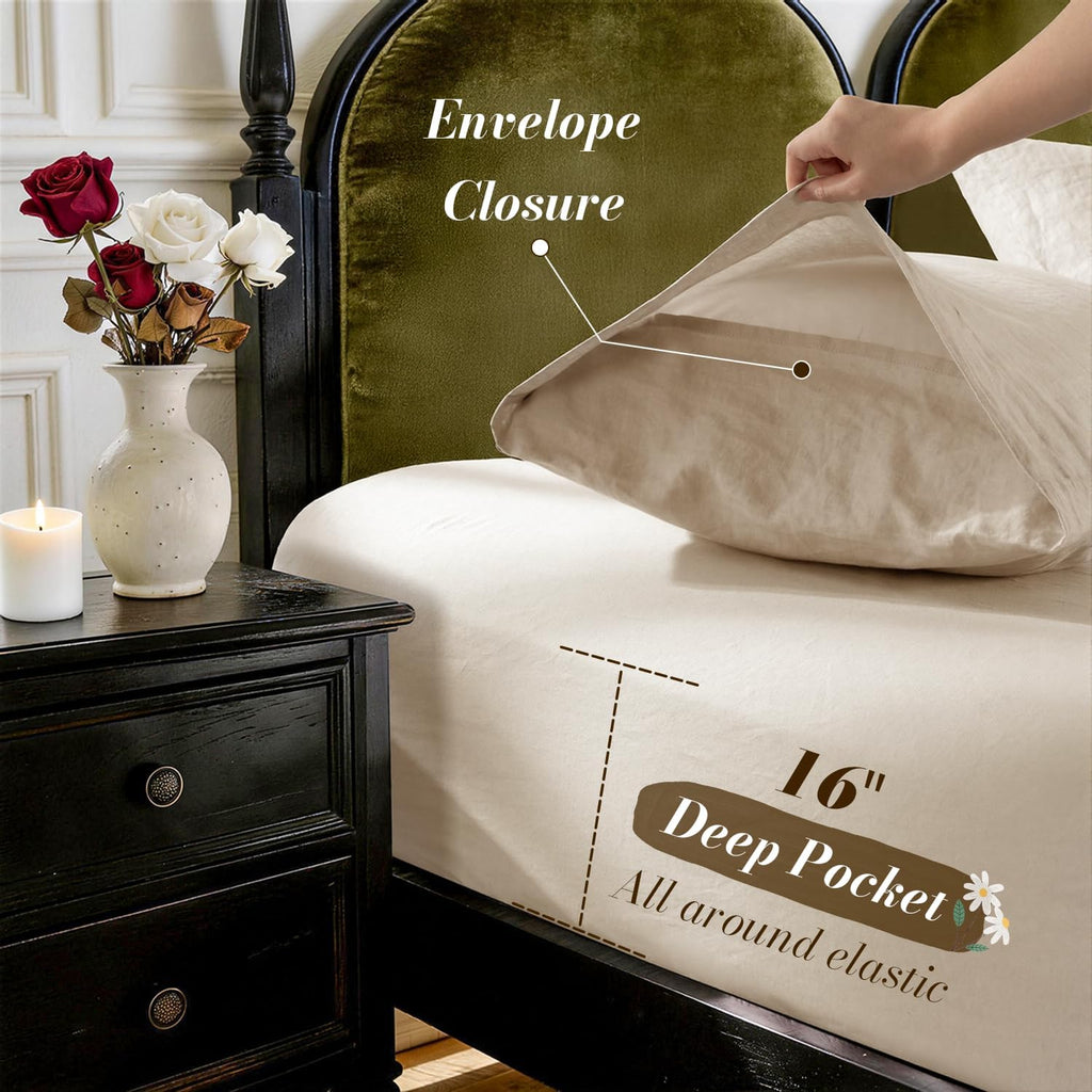 SONORO KATE 100% French Pure Linen Sheets, Breathable and Durable Linen Sheets, Anti-Tear Linen Bed Sheets, Machine Washable, 16 Inch Deep Pocket - 4 Piece (Natural Linen, California King)