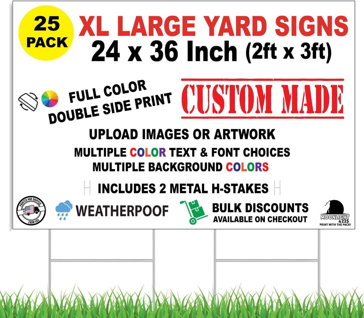 25 Pack Custom + Personalized Yard Signs Large, 24 x 36 Inch, Double Sided Printing, Metal Stakes Included | Upload Your Own Image and Text (25)