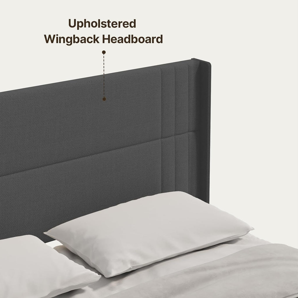 Gizoon King Bed Frame with Wingback Headboard, Upholstered Platform Bed with Modern Geometric Headboard, Wooden Slats, Noise-Free, No Box Spring Needed