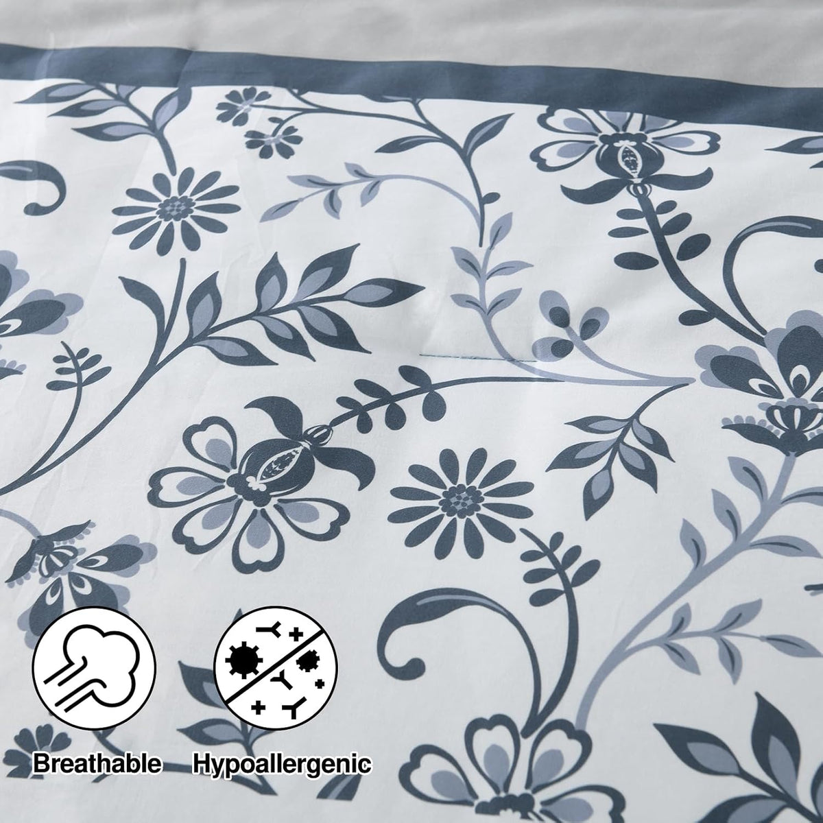 DDUOXIN Blue Queen Size Comforter Set - Boho Navy Striped Comforter Bedding Set, Floral Pattern Soft Duvet Insert, Reversible Skin Friendly Comforters with 2 Pillowshams, Blue/White
