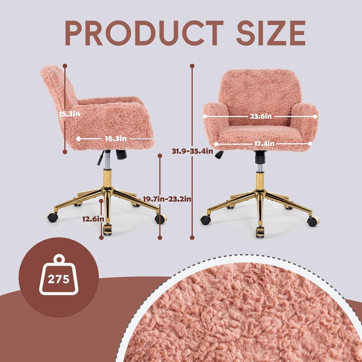 Plush Faux Fur Desk & Vanity Chair with Gold Base – Comfy Adjustable Girls Desk Chair, Makeup Chair, 360° Swivel, Tilt Backrest, Rolling Wheels – Modern Chic Home Office Seating,Pink